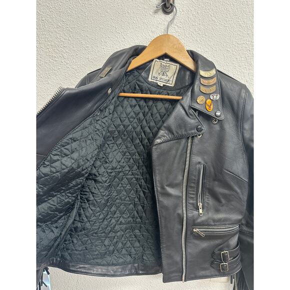 DRAG SPECIALTIES HEAVY BLACK LEATHER FRINGE MOTORCYCLE JACKET SIZE 12 W/ PINS - Picture 7 of 10